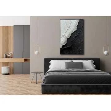 Framed Black and White Ocean Wave Wall Art, Modern Abstract Textured Paintings on Canvas, Relief Wall Art for Living Room Bedroom Wall Decor