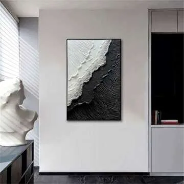 Framed Black and White Ocean Wave Wall Art, Modern Abstract Textured Paintings on Canvas, Relief Wall Art for Living Room Bedroom Wall Decor