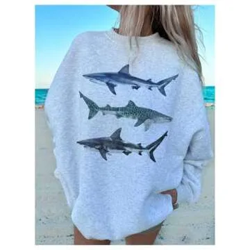 GORGLITTER Women's Shark Graphic Crewneck Sweatshirts Casual Long Sleeve Loose Oversized Pullover Sw...