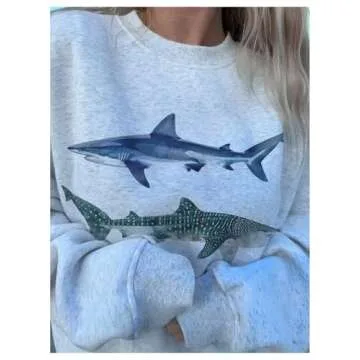 GORGLITTER Women's Shark Graphic Crewneck Sweatshirts Casual Long Sleeve Loose Oversized Pullover Sweatshirt Light Grey X-Small