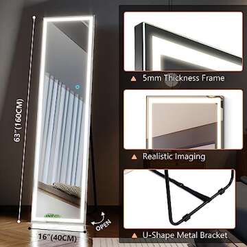 LVSOMT Stand Up Full Length Mirror with LED Lights, Free Standing Floor Mirror, Full Body Lighted Mi...