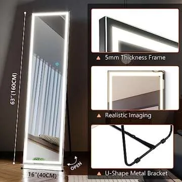 LVSOMT Stand Up Full Length Mirror with LED Lights, Free Standing Floor Mirror, Full Body Lighted Mi...