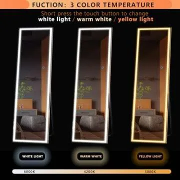 LVSOMT Stand Up Full Length Mirror with LED Lights, Free Standing Floor Mirror, Full Body Lighted Mirror, Wall Mounted Hanging Mirror w/Dimming & 3 Color Lighting for Bedroom (63"x16", Black)