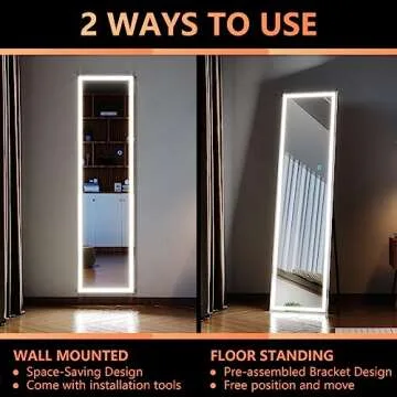 LVSOMT Stand Up Full Length Mirror with LED Lights, Free Standing Floor Mirror, Full Body Lighted Mirror, Wall Mounted Hanging Mirror w/Dimming & 3 Color Lighting for Bedroom (63"x16", Black)