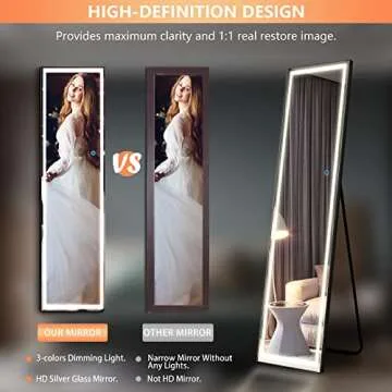 LVSOMT Stand Up Full Length Mirror with LED Lights, Free Standing Floor Mirror, Full Body Lighted Mirror, Wall Mounted Hanging Mirror w/Dimming & 3 Color Lighting for Bedroom (63"x16", Black)
