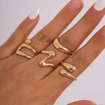 Inactwin Gold Chunky Rings Set for Women 14K Stackable Dome Statement Rings Vintage Dainty Knuckle Open Midi Finger Rings Gold Jewelry Prom Costume Accessories Set of 4-10 (4Pcs Gold Chunky Rings -1)