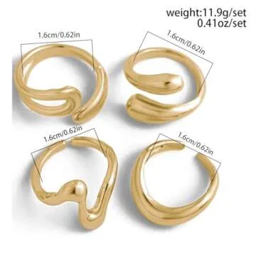 Inactwin Gold Chunky Rings Set for Women 14K Stackable Dome Statement Rings Vintage Dainty Knuckle Open Midi Finger Rings Gold Jewelry Prom Costume Accessories Set of 4-10 (4Pcs Gold Chunky Rings -1)
