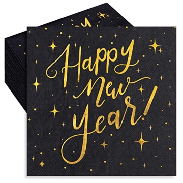 Whaline 80 Pack New Year Napkins 6.5 x 6.5 Inch Black Gold Foil Disposable Napkins Happy New Year Di...