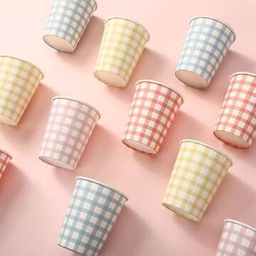 Tioncy 9 oz Gingham Paper Drinking Cups, 100 Pieces, 4 Colors, Checkered Cups for Hot Cold Beverage, Birthday Party, Travel, Picnic