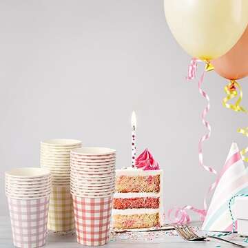 Tioncy 9 oz Gingham Paper Drinking Cups, 100 Pieces, 4 Colors, Checkered Cups for Hot Cold Beverage, Birthday Party, Travel, Picnic