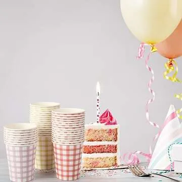 Tioncy 9 oz Gingham Paper Drinking Cups, 100 Pieces, 4 Colors, Checkered Cups for Hot Cold Beverage, Birthday Party, Travel, Picnic