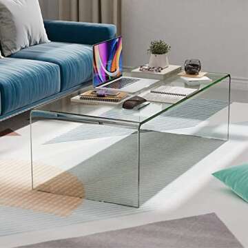 Tangkula Glass Coffee Table, 42.5" L × 20" W ×14" H, Modern Home Furniture, Clear Tempered Glass End Table, International Occasion Tea Table, Waterfall Table with Rounded Edges (Clear)