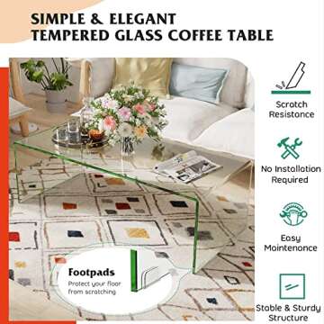 Tangkula Glass Coffee Table, 42.5" L × 20" W ×14" H, Modern Home Furniture, Clear Tempered Glass End Table, International Occasion Tea Table, Waterfall Table with Rounded Edges (Clear)