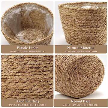 Athaliah Plant Basket, 3 PCS Plant Baskets Indoor with Plastic Liner, Water Hyacinth Woven Planters Flower Basket, Planter Basket for Rustic Boho Home Farmhouse Floor Potted Pots Decor