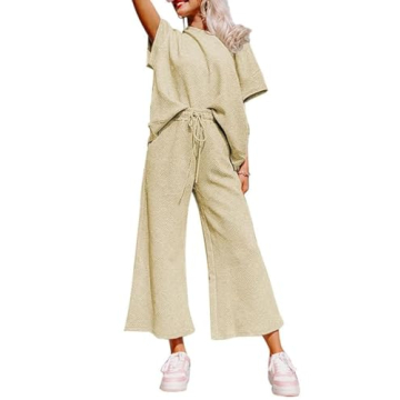 SHEWIN Women's 2 Piece Outfits Sweatsuit Casual Short Sleeve Pullover Tops and Drawstring Wide Leg Pants Lounge Sets