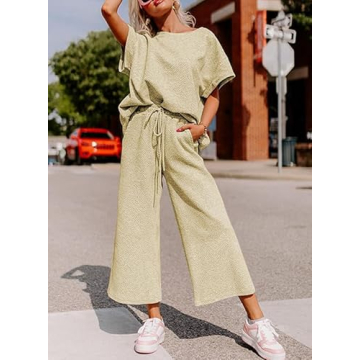 SHEWIN Women's 2 Piece Outfits Sweatsuit Casual Short Sleeve Pullover Tops and Drawstring Wide Leg Pants Lounge Sets