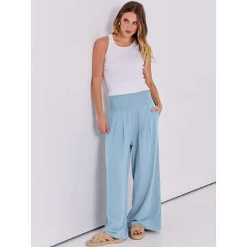 ANRABESS Women Linen Palazzo Pants Summer Boho Wide Leg High Waist Casual Lounge Pant 2025 Beach Travel Vacation Outfits Baby Blue Medium