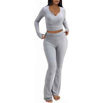 FAIRY SEASON Women's 2 Piece Lounge Sets - Slim Fit V Neck Flare Pants Loungewear