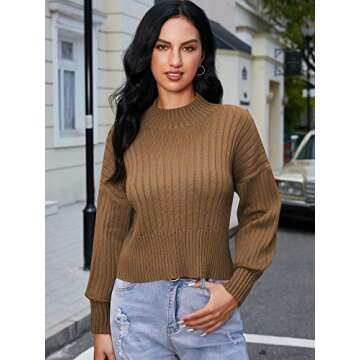ZAFUL Women's Crew Neck Long Sleeve Pullover Crop Sweater Mock Neck Lantern Sleeve Ribbed Knit Cropp...