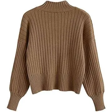 ZAFUL Women's Crew Neck Long Sleeve Pullover Crop Sweater Mock Neck Lantern Sleeve Ribbed Knit Cropped Sweater Brown