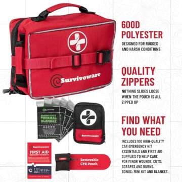 Surviveware 238 Pcs Comprehensive Premium Survival First Aid Kit - Medical Emergency Kit for Travel Camping Gear, Home Essentials & Outdoor Emergencies - HSA & FSA Eligible Survival Kit