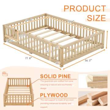 Full Size Montessori Floor Bed Frame with Safety Fence & Convertible Door, Toddler Playhouse Floor B...