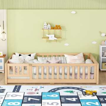 Full Size Montessori Floor Bed Frame with Safety Fence & Convertible Door, Toddler Playhouse Floor Bed with Sturdy Soild Wood Slats Guardrails for Girls, Boys, Child Bedroom, Kids Playroom (Natural)