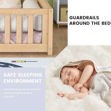 Full Size Montessori Floor Bed Frame with Safety Fence & Convertible Door, Toddler Playhouse Floor Bed with Sturdy Soild Wood Slats Guardrails for Girls, Boys, Child Bedroom, Kids Playroom (Natural)