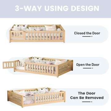 Full Size Montessori Floor Bed Frame with Safety Fence & Convertible Door, Toddler Playhouse Floor Bed with Sturdy Soild Wood Slats Guardrails for Girls, Boys, Child Bedroom, Kids Playroom (Natural)