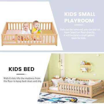 Full Size Montessori Floor Bed Frame with Safety Fence & Convertible Door, Toddler Playhouse Floor Bed with Sturdy Soild Wood Slats Guardrails for Girls, Boys, Child Bedroom, Kids Playroom (Natural)