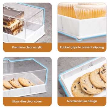 Perco Rectangular Cake Tray with Lid - White Marbleized Shatter Resistant Cake Holder with Clear Transparent Cover - for Elegant Culinary Displays - Perfect for Cakes, Pastries, Desserts, and More