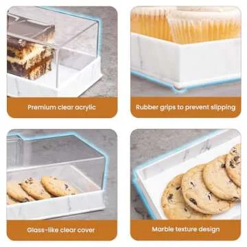 Perco Rectangular Cake Tray with Lid - White Marbleized Shatter Resistant Cake Holder with Clear Transparent Cover - for Elegant Culinary Displays - Perfect for Cakes, Pastries, Desserts, and More