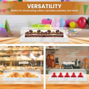 Perco Rectangular Cake Tray with Lid - White Marbleized Shatter Resistant Cake Holder with Clear Transparent Cover - for Elegant Culinary Displays - Perfect for Cakes, Pastries, Desserts, and More
