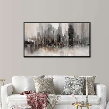 Cityscape Wall Art New York City Skyline Buildings Picture Modern Abstract Grey NYC Skyline Birds Painting Framed Artwork for Bedroom Living Room Bathroom Home Office Decor 20×40IN