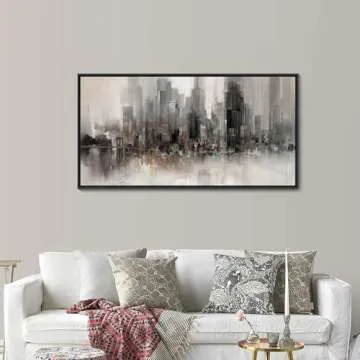 Cityscape Wall Art New York City Skyline Buildings Picture Modern Abstract Grey NYC Skyline Birds Painting Framed Artwork for Bedroom Living Room Bathroom Home Office Decor 20×40IN