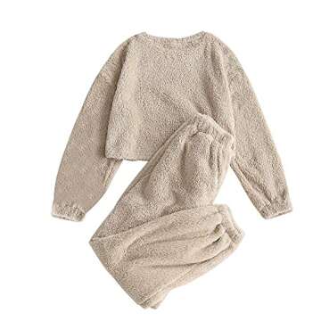 ZAFUL Women's Fuzzy Lounge Casual Pajamas Sets Long Sleeve Fleece Pullover and Pants Set 2 Piece Fluffy Loungewear Sleepwear Khaki