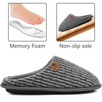 ONCAI Mens Grey Knit Stripes Cozy Memory Foam scuff Slippers Slip On Warm House Shoes Indoor/Outdoor...