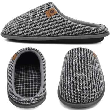 ONCAI Mens Grey Knit Stripes Cozy Memory Foam scuff Slippers Slip On Warm House Shoes Indoor/Outdoor With Best Arch Surpport Size 10