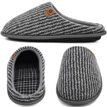 ONCAI Mens Grey Knit Stripes Cozy Memory Foam scuff Slippers Slip On Warm House Shoes Indoor/Outdoor With Best Arch Surpport Size 10