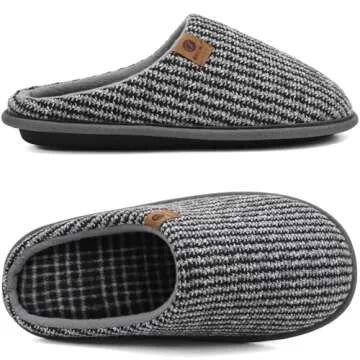 ONCAI Mens Grey Knit Stripes Cozy Memory Foam scuff Slippers Slip On Warm House Shoes Indoor/Outdoor With Best Arch Surpport Size 10
