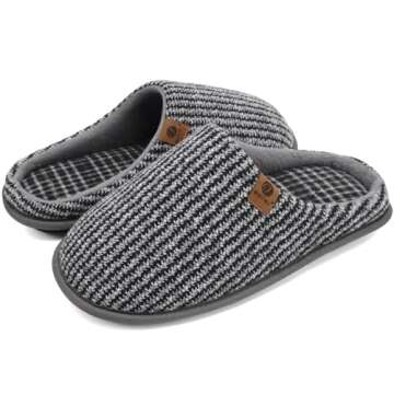 ONCAI Mens Grey Knit Stripes Cozy Memory Foam scuff Slippers Slip On Warm House Shoes Indoor/Outdoor With Best Arch Surpport Size 10