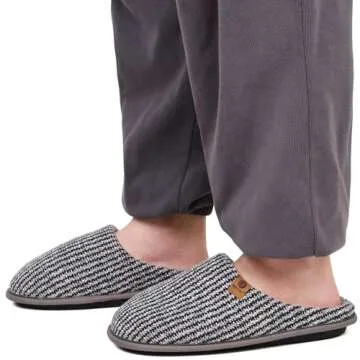 ONCAI Mens Grey Knit Stripes Cozy Memory Foam scuff Slippers Slip On Warm House Shoes Indoor/Outdoor With Best Arch Surpport Size 10