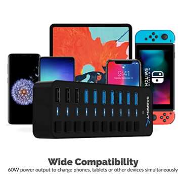 SABRENT 60W 10 Port USB 3.0 Hub Includes 3 Smart Charging Ports with Individual Power Switches and LEDs and 60W 12V/5A Power Adapter (HB-B7C3)