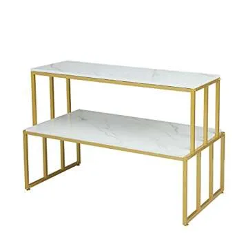 CIVANA Metal Shoe Handbag Display Stand, 2 Tier Heavy Duty Display Table, Modern Standing Display Riser Shelf for Retail Stores, Iron and Wood, Gold