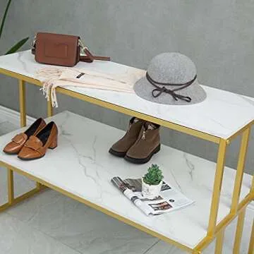 CIVANA Metal Shoe Handbag Display Stand, 2 Tier Heavy Duty Display Table, Modern Standing Display Riser Shelf for Retail Stores, Iron and Wood, Gold