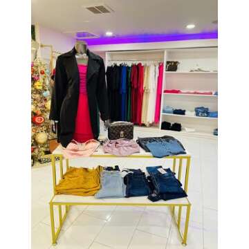 CIVANA Metal Shoe Handbag Display Stand, 2 Tier Heavy Duty Display Table, Modern Standing Display Riser Shelf for Retail Stores, Iron and Wood, Gold