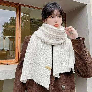 Boaisdus Knitted Scarf White for Women & Men Winter Chunky Knit Scarf Soft and Warm Knit Scarf Wrap for Women's Outddor Knit Scarves Cold Weather(White-69 L x 10" W)