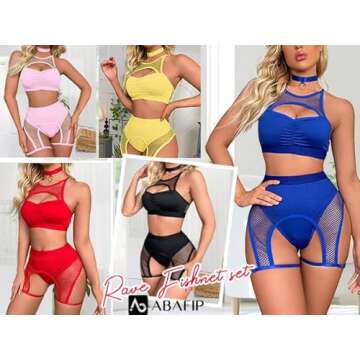 Buy ABAFIP Women's Cutout Fishnet Rave Outfit Set