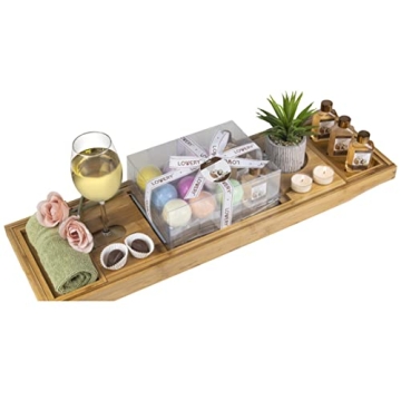 Valentines Day Gifts for Her, Premium Bamboo Bathtub Caddy Tray Gift Set with Bath Bombs, Shower Gel...