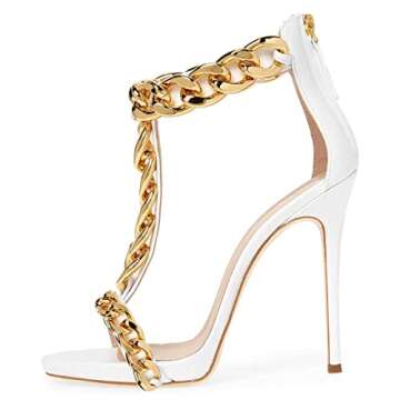 XYD Sexy Lady Club Stiletto High Heel T-Strap Sandals Open Toe Golden Chain Strappy Back Zipper Pumps Event Party Dress Shoes for Women Size 9.5 Ivory
